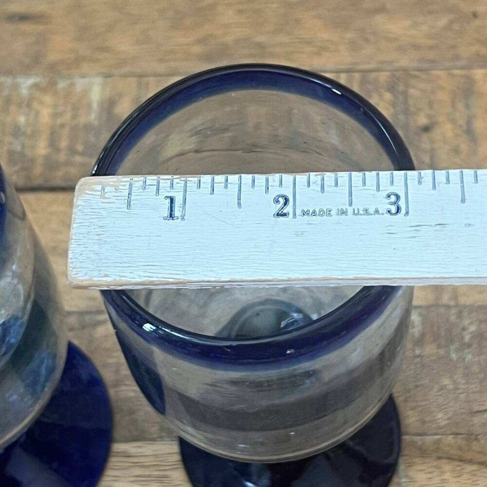 Mexican Hand Blown Goblets Drinking Glasses Cobalt Blue Rim Set of 5 - Picture 6 of 12
